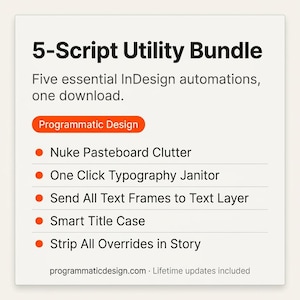 Puede incluir: Un gráfico blanco con el texto "5-Script Utility Bundle" y una lista de cinco automatizaciones de InDesign. El texto incluye "Nuke Pasteboard Clutter", "One Click Typography Janitor" y "Smart Title Case". El gráfico también incluye el texto "Programmatic Design".