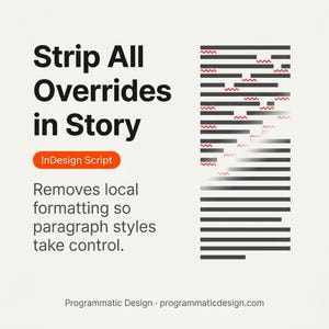 Puede incluir: Un diseño gráfico con el texto "Strip All Overrides in Story" en negro. Debajo, un cuadro naranja dice "InDesign Script". El texto explica la eliminación del formato local. Un gráfico estilizado está a la derecha. El sitio web programmaticdesign.com está en la parte inferior.