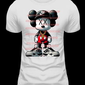 May include: White t-shirt with a cartoon illustration of Mickey Mouse wearing a black cap with the Nike logo, a gold chain, red shorts, and white and black sneakers. The illustration has a black X for eyes and a red nose.