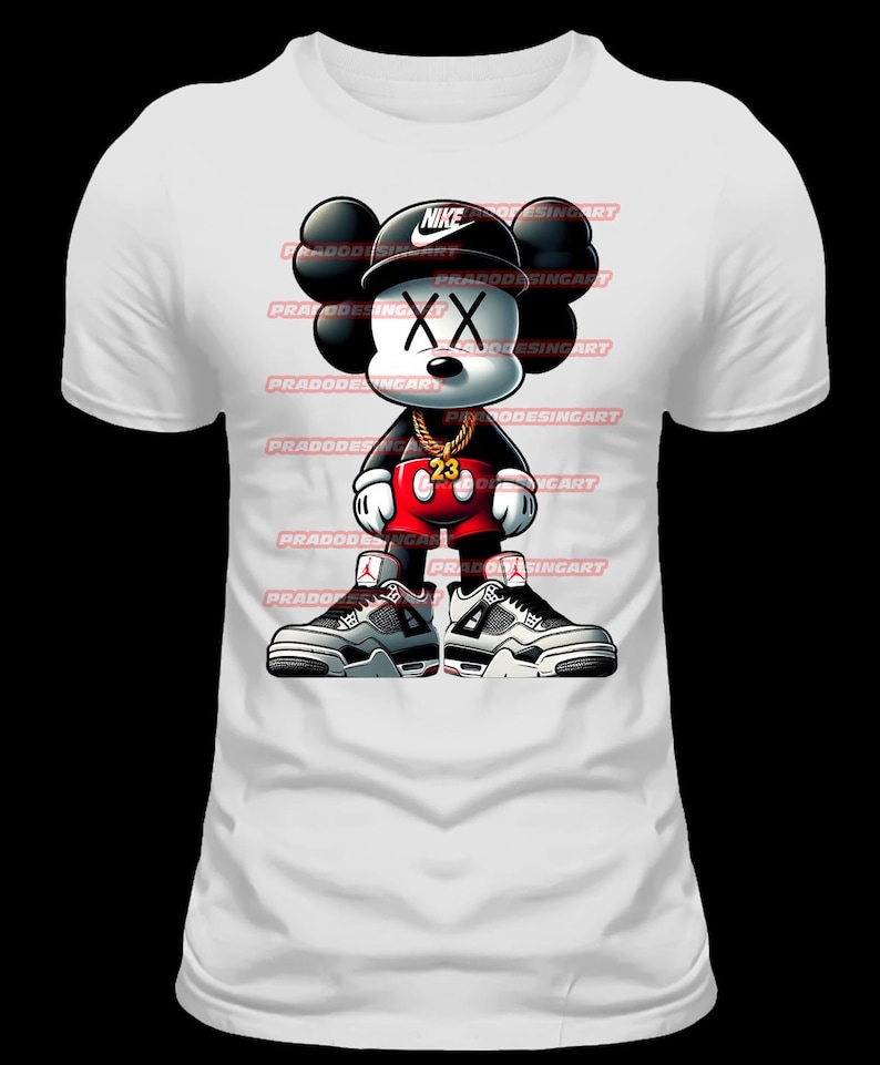 May include: White t-shirt with a cartoon illustration of Mickey Mouse wearing a black cap with the Nike logo, a gold chain, red shorts, and white and black sneakers. The illustration has a black X for eyes and a red nose.