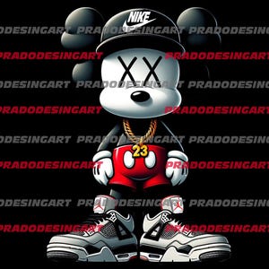 May include: A black and white cartoon character wearing a red and white outfit and a black baseball cap with the word "NIKE" on it. The character is wearing a gold chain necklace and has a pair of white and grey sneakers with red accents.