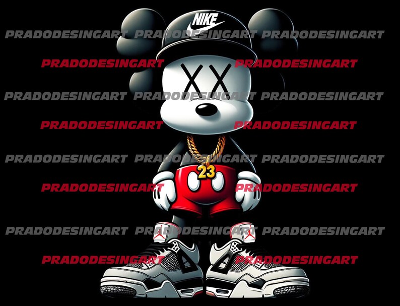 May include: A black and white cartoon character wearing a red and white outfit and a black baseball cap with the word "NIKE" on it. The character is wearing a gold chain necklace and has a pair of white and grey sneakers with red accents.