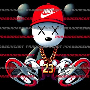 K&ouml;nnte beinhalten: Eine Mickey-Maus-Karikatur, die eine rot-wei&szlig;e Nike-Baseballkappe, eine goldene Kettenkette mit einem gro&szlig;en Anh&auml;nger mit der Nummer 23 und rot-wei&szlig;e Turnschuhe tr&auml;gt. Die Figur hat schwarze X-f&ouml;rmige Augen und eine schwarze Nase.