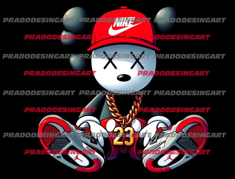 K&ouml;nnte beinhalten: Eine Mickey-Maus-Karikatur, die eine rot-wei&szlig;e Nike-Baseballkappe, eine goldene Kettenkette mit einem gro&szlig;en Anh&auml;nger mit der Nummer 23 und rot-wei&szlig;e Turnschuhe tr&auml;gt. Die Figur hat schwarze X-f&ouml;rmige Augen und eine schwarze Nase.
