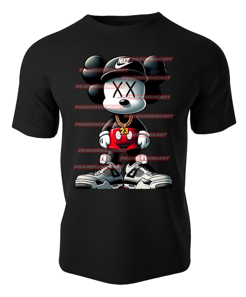 May include: Black t-shirt with a cartoon illustration of Mickey Mouse wearing a Nike hat, a gold chain, red shorts, and white and black sneakers. The Mickey Mouse illustration has an X for eyes and the text "23" on his chest.