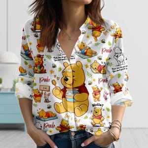 Retro Winnie The Pooh Linen-Look Shirt, Honey Bear Women Shirt, Classic Disney Pooh Blouse Shirt, Vintage Cartoon Shirt, Halloween Gift