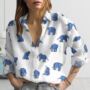 Blaues Elefant Leinen-Look Hemd, niedliches Boho Blusen-Hemd, Tiermuster Knopf-Hemd, Safari Cottagecore Hemd, Bluse Frauen-Hemd
