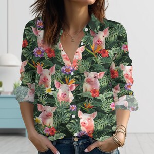 Cute Pig Floral Linen-Look Shirt, Tropical Jungle Piggy Blouse Shirt, Funny Animal Vacation Linen Top, Farm Animal Gift
