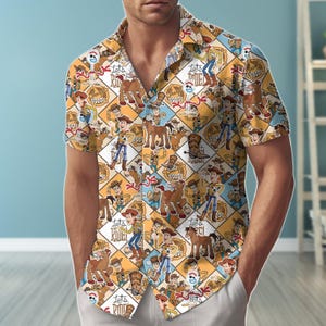 Camisa hawaiana vaquera de Toy Story, pantalones cortos Let's Ride Man, atuendo de verano de Disney Pixar, regalo para él, camisa con botones de Disney Pixar