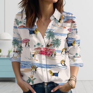 Beagle Summer Beach Linen-Look Shirt, Surf Dog Button Shirt, Linen Vacation Blouse, Cute Dog Gift for Pet Lovers