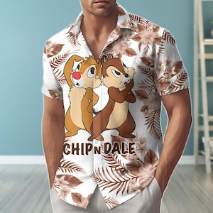 Camisa con botones de Chip y Dale, camisa hawaiana de verano de las Ardillas de Disney, regalo de vacaciones en la playa para él y ella, camisa de dibujos tropicales