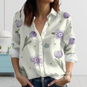 Purple Tulip Blouse Shirt, Elegant Flowers Shirt For Women, Spring Floral Vintage Linen-Look Shirt, Garden Lovers Shirt, Gift For Her
