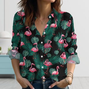 Pink Flamingo Linen-Look Shirt, Tropical Leaf Print Blouse Shirt, Summer Hawaiian Vacation Blouse Shirt, Funny Bird Top