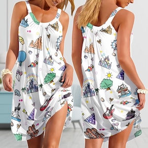 Disneyland zomerjurk met slinger, op Disney geïnspireerde zonnejurk, leuke vakantie-outfit, grafische kasteeljurk, cadeau voor moeder