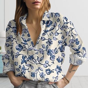 Blue Floral Linen-Look Shirt, Watercolor Cottagecore Blouse Shirt, Navy Flower Button Up Top, Vintage Garden Aesthetic Shirt, Gift For
