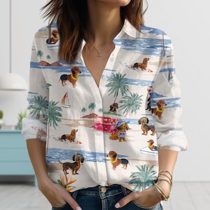 Dachshund Beach Linen-Look Shirt, Cute Wiener Dog Summer Top, Vacation Dog Blouse Women Shirt, Palm Tree Cartoon Blouse