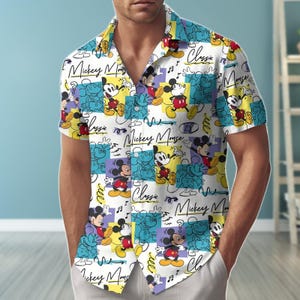 Camisa hawaiana de Mickey Mouse, atuendo de Disney para él, ropa de playa de verano de dibujos animados, camisa de botones de Mickey de Disney, pantalones cortos de Mickey para hombre