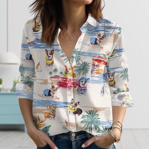 Corgi Beach Linen-Look Shirt, Funny Summer Dog  Blouse Shirt, Hawaiian Style Beach Shirt, Vacation Outfit, Cute Corgi Gift