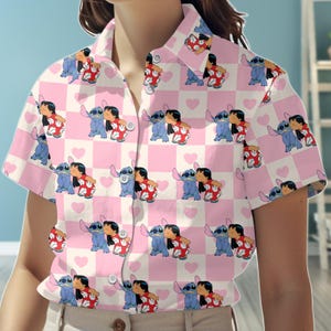 Lilo and Stitch Heart Hawaiian Shirt, Disney Love Cartoon Button Shirt, Cute Couple Beach Outfit, Summer Gift For Her