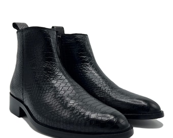 Handmade Black Color Genuine Snake Skin Textured Leather Stylish Ankle High Side Zipper Boots For Men's