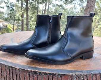 Handmade Black Color Genuine Calf Leather Stylish Side Zipper Boots For Men's