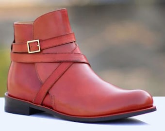 Handgefertigte Ochsenblutfarbe Echtleder Stilvolle Abgerundete Riemen Jodhpurs Boots für Herren