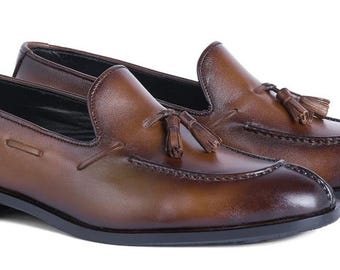 Handmade Brown Color Genuine Leather Split Toe Tassel Stylish Loafers Shoes For Men's