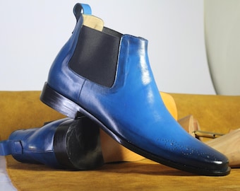 Handmade Ocean Blue Color Genuine Leather Stylish Half Ankle Chelsea Boots For Men's