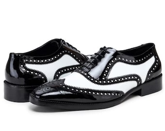 Handmade SPECTATOR Wing Tip- BLACK & WHITE Genuine Leather Oxfords Lace Up Stylish Shoes For Men&#39;s