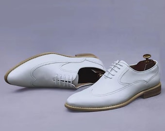 Handmade White Color Genuine Leather Wing Tip Lace Up Stylish Shoes For Men's