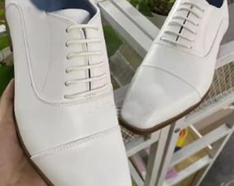 Handmade White Color Genuine Leather Cap Toe Lace Up Stylish Oxfords Shoes For Men's
