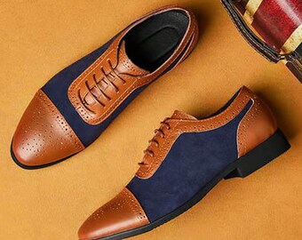 Handmade Tan & Navy Blue Color Genuine Leather and Suede Cap Toe Brogue's Stylish Oxfords Shoes For Men's