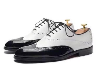 Handmade Black & White Color Genuine Leather Wing Tip Lace Up Stylish Shoes For Men's