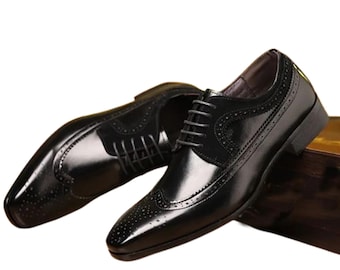 Handmade Black and Tan Suede & Genuine Calf Leather Lace Up Stylish Wing Tip Brogue's Shoes For Men's