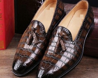 Handmade Brown Color Alligator Textured Genuine Leather Stylish Tussled Slip-On Loafers Shoes For Men's