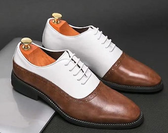 Handmade Brown, Black & White Color Genuine Leather Lace Up Stylish Derby Style Shoes For Men's