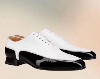 Handmade Black & White Color Genuine Patent Leather Lace Up Stylish Apron Toe Shoes For Men's