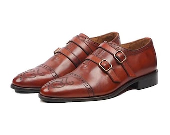 Handmade Brown Color Genuine Leather Double Buckle Strap Stylish Cap Toe Brogues Shoes For Men's