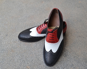 Handmade White,Black & Red Color Genuine Leather Wing Tip Brogue's Lace Up Stylish Shoes For Men's