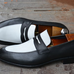 Handmade Black & White Color Genuine Leather Loafers  Stylish Slip-On Loafers Shoes For Men's