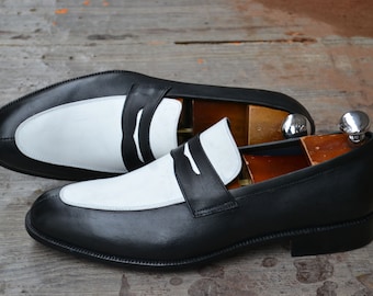 Handmade Black & White Color Genuine Leather Loafers  Stylish Slip-On Loafers Shoes For Men's