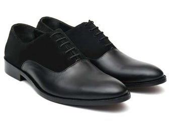 Handmade Black Suede & Black Color Genuine Calf Leather Lace Up Stylish Derby Shoes For Men's
