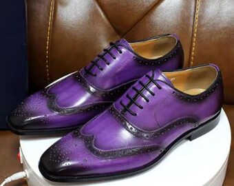 Handmade Purple Color Genuine Leather Wing Tip Brogue's Lace Up Stylish Shoes For Men's