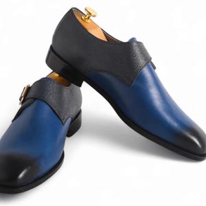 Handmade Blue & Black Color Genuine Full Grained Leather Single Buckle Strap Stylish Black Shaded Shoes For Men's