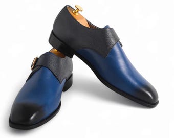 Handmade Blue & Black Color Genuine Full Grained Leather Single Buckle Strap Stylish Black Shaded Shoes For Men's