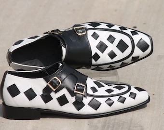 Handmade White & Black Stripes Genuine Leather Belgian Monk Strap Stylish Shoes For Men&#39;s