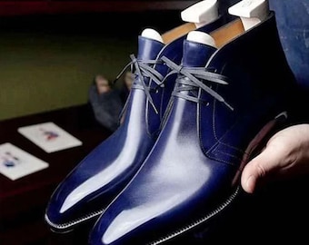 Handmade Navy Blue Color Genuine Calf Leather Lace Up Stylish Half Ankle Chukka Boots For Men&#39;s