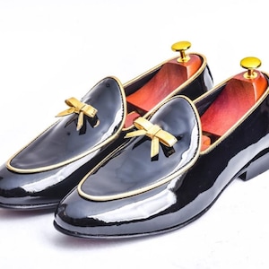 Handmade Black Color Genuine Patent Leather  Stylish Yellow Bow Tie Loafers Shoes For Men's