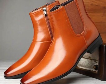 Handmade Tan Color Genuine Leather New Stylish Design Chelsea+Side Zipper Boots For Men's