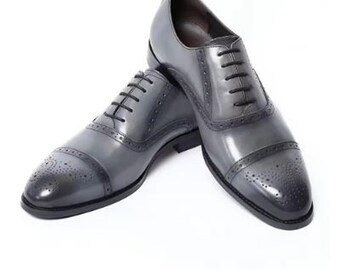 Handmade Grey Color Genuine Leather Stylish Cap Toe Brogue's Oxfords Shoes For Men's
